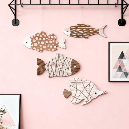 4Pcs/Set Nautical Wooden Fish Wall Decoration Farmhouse Rustic Fish Wall Art Sculpture Home Living Room Bathroom Wall Decorative Sign