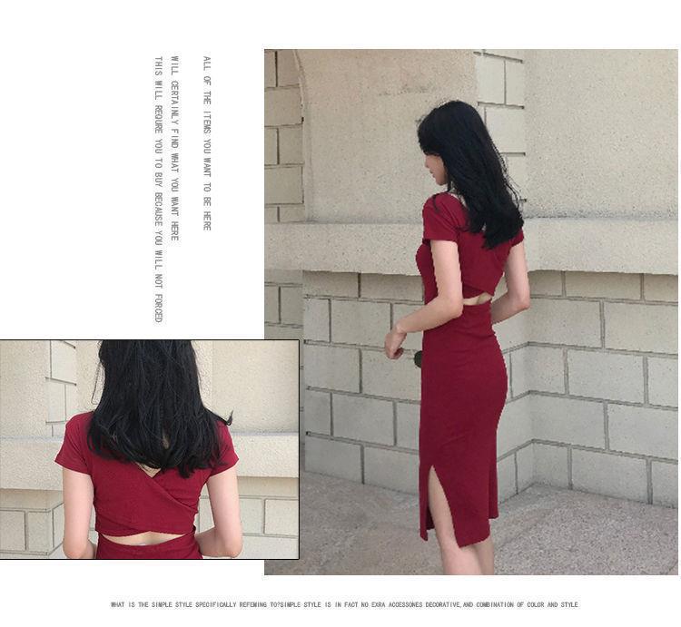 Korean Style Sexy Mid-Length Slit Backless Dress - Polyester Fiber