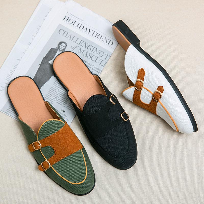 Canvas Leather Shoes Men Casual Handmade Muller Loafers Men Slip On Flats Driving Dress Shoes Half Slippers 38-47