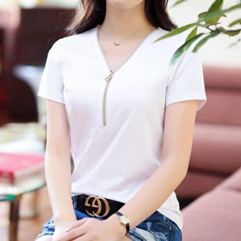 NaVaVa NT2346 Simple Zip PoinT V Neck ShorT sleeVe T shirT