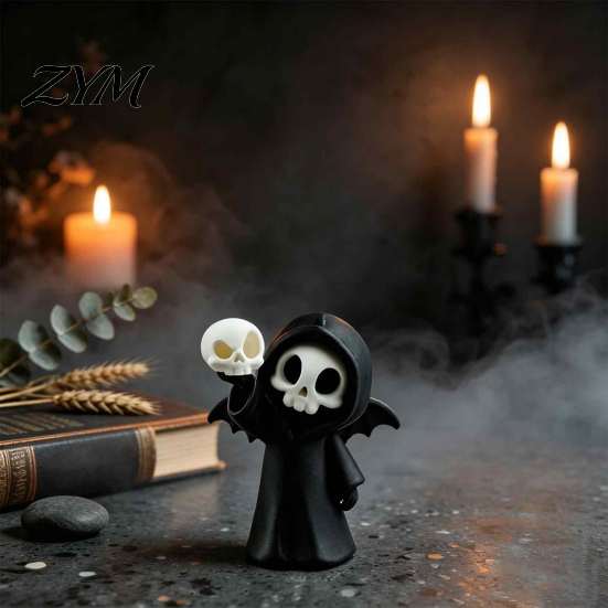 Gothic Desktop Decor 3D Printed Grim Reaper Skull Ornament, with Bat Wings Decor, Black And White Collectibles Cute Desk Figurine, for Halloween Home