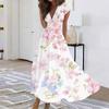 Women's Long Casual Dress Summer Short-Sleeve V-Neck Waist Retraction Printed Dress