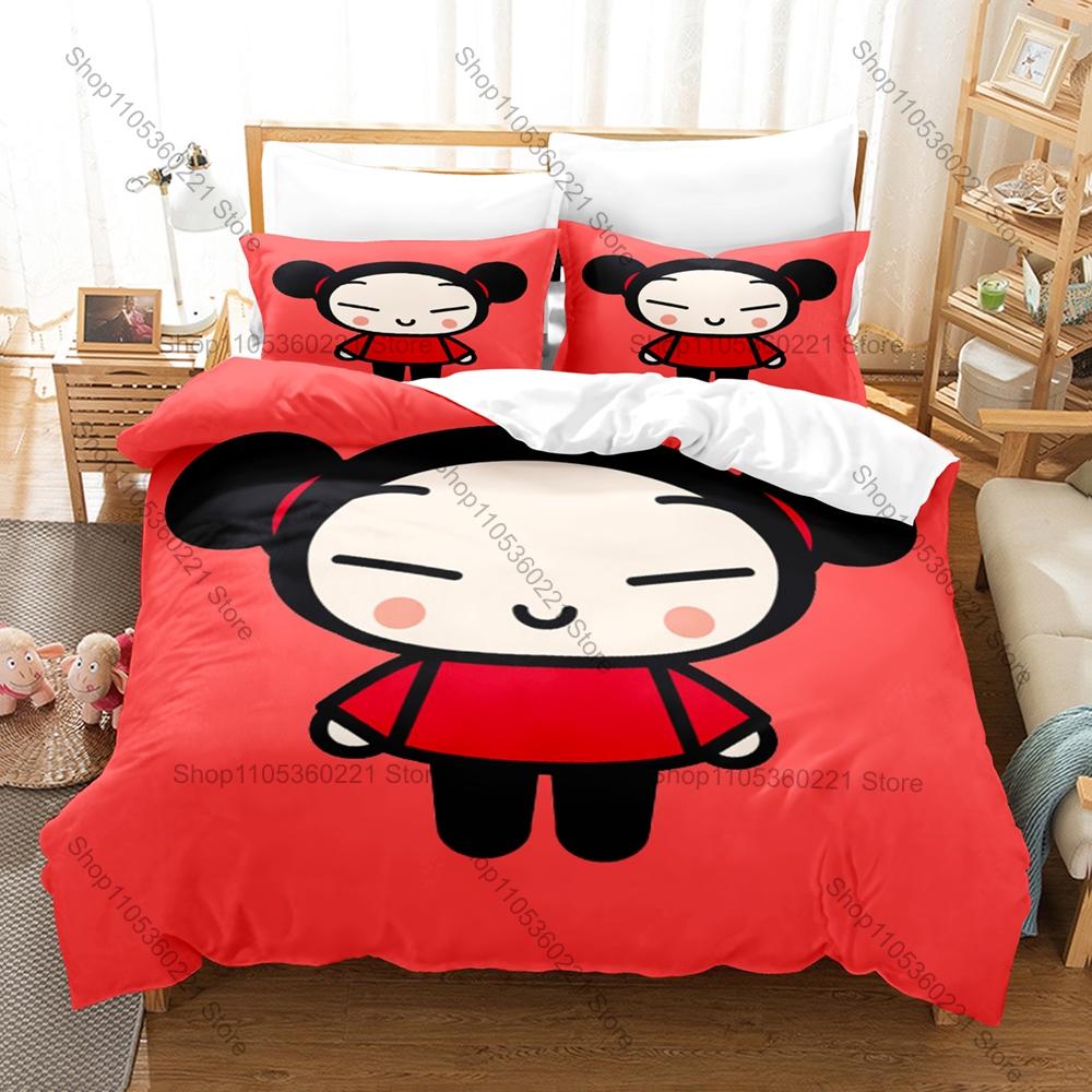 Kawaii Pucca Character Print Duvet Cover + 2 Pillowcases, Cozy Microfiber Bedding Set Perfect as Surprise Gift Anime Enthusiasts