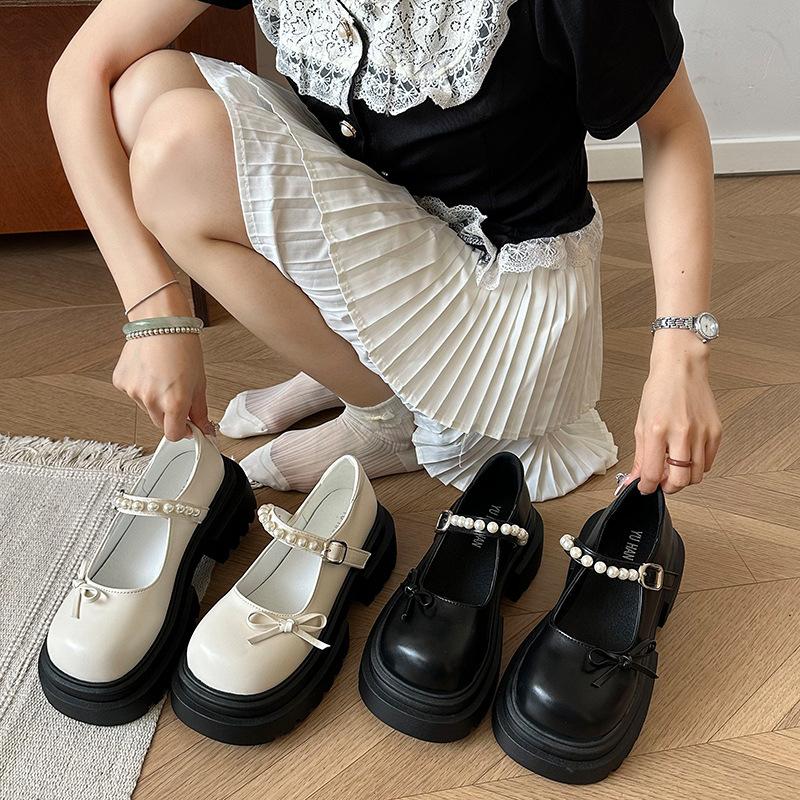 Retro bow round head platform small leather shoes women's 2025 new spring and autumn skirt French Mary Jane single shoes