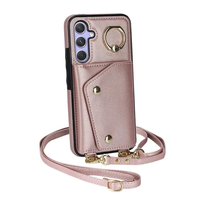 Crossbody Ring Leather Zip Wallet Phone Case for Samsung Galaxy S26 Ultra S25 FE S24 Plus S23 S22 S21 Note 20 Lanyard Cover Bag