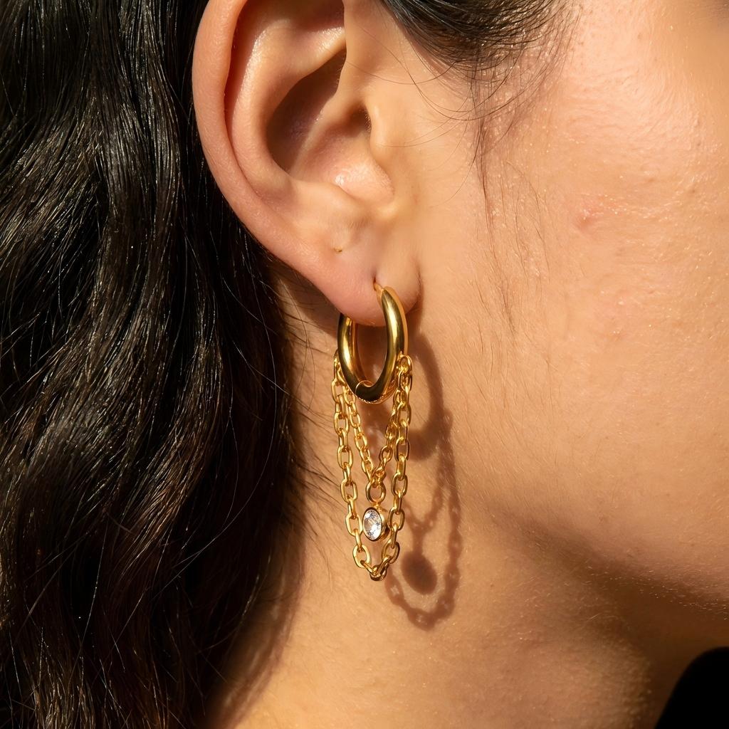 Gold Color Hoop Earrings with Chain Tassel Pendant Zircon Dangle Earrings for Women Stainless Steel Trendy Fashion Jewelry Gift