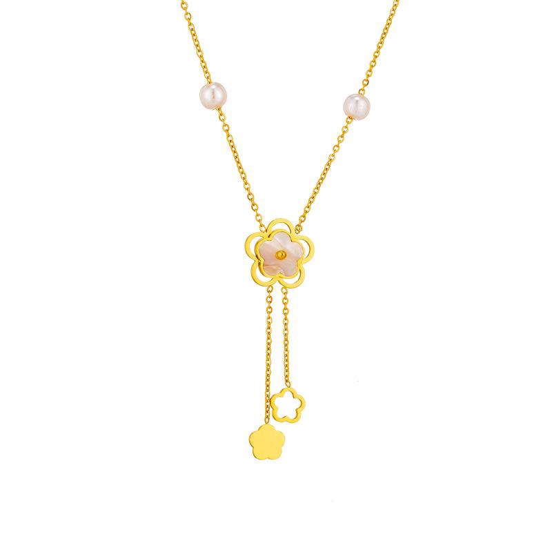 Korean Style Pearl Pendant Necklace with Camellia Shell Inlay - Simple Titanium Steel, Light Luxury Design
