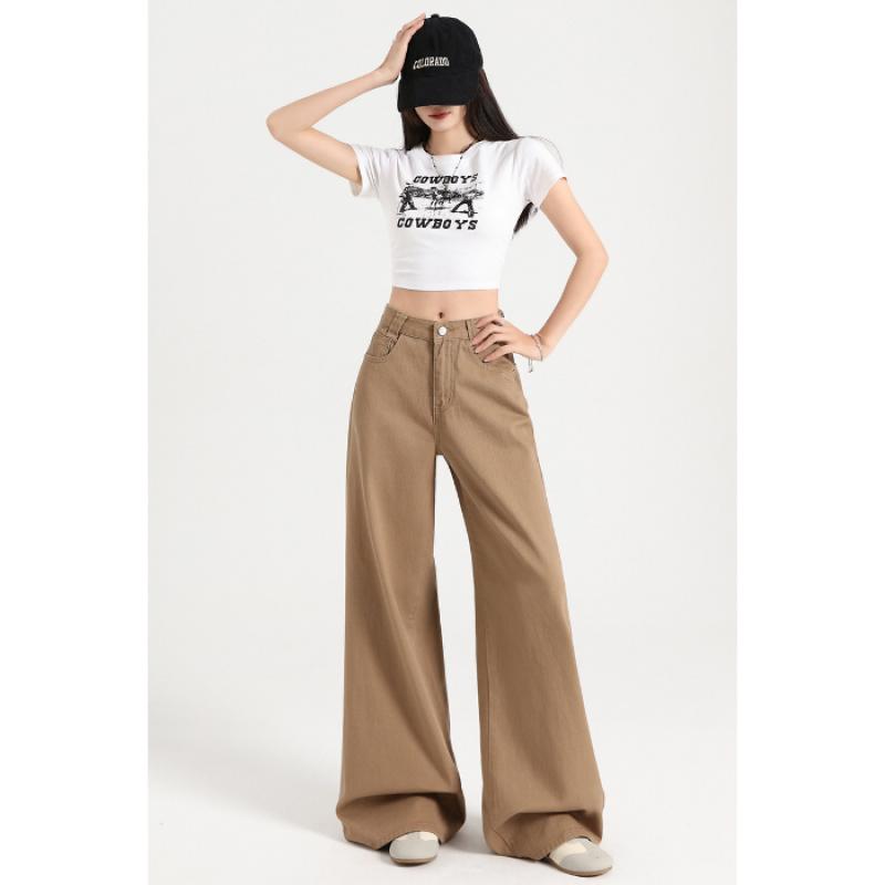 Khaki Wide Legs Denim Jeans Women Casual Versatile Straight Solid Classic Straight Jeans Ladies Clothing Suppliers