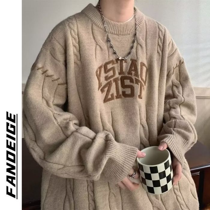 Осенне-зимний тренд ретро-мужской уличный индивидуальный свитер с круглым вырезом и буквенным принтом американская версия повседневный свитер для пары в стиле хип-хоп M хаки 3550₽