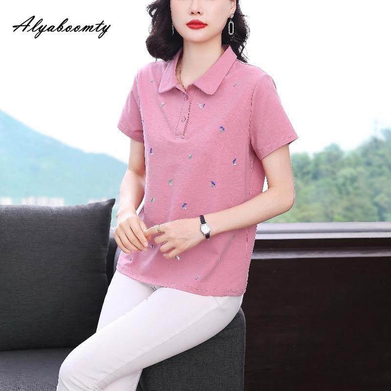 Large Size Summer Women Casual Loose Polo T-Shirt Turn-Down Collar Pink Bluish Gray Feather Leaf Pattern Tee Cotton Sport Ladies' Top M-4XL