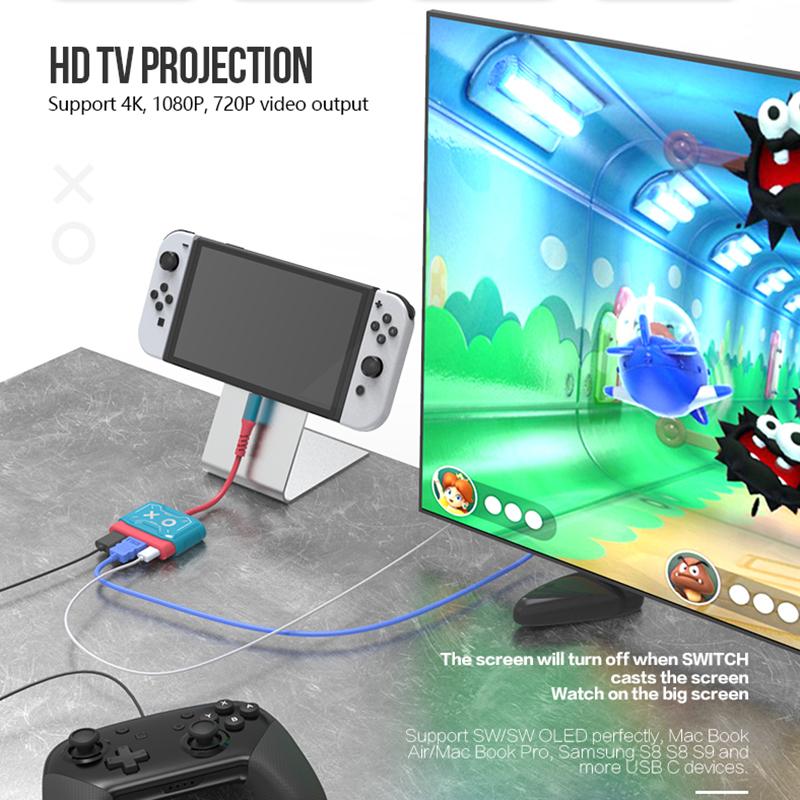

TOPWOLF HS-SW250 For Nintendo Switch/Switch OLED Dock 4K HD USB 3.0 Hub Adapter USB C Splitter TV Docking Station