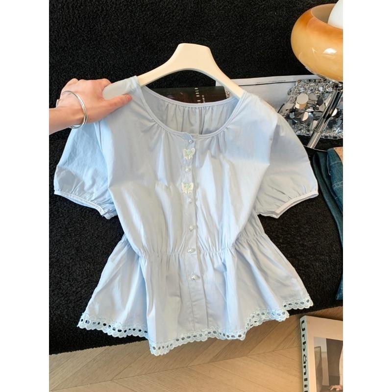 French Style Summer Women Sweet Blouse O Neck White Blue Bow Hollow Out Shirt Short Sleeve Elegant Feminine Ladies' Blouse