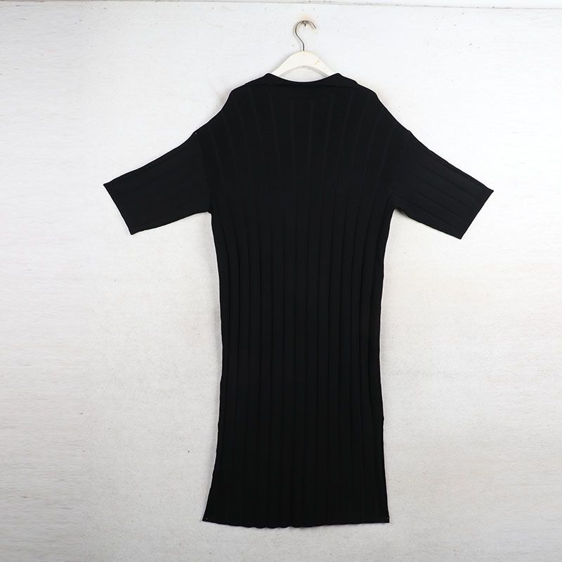 Sunshine House Summer and Autumn New Export European and American Women's Clothing V Neck Sunken Stripe Stretch Short Sleeve Knitting Dress Sweater