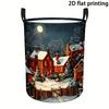 Round Polyester Laundry Basket With Handle | Winter Night Snow Village Light Pattern, Storage Basket, Large Capacity, Multi-Purpose, Foldable For Bedr