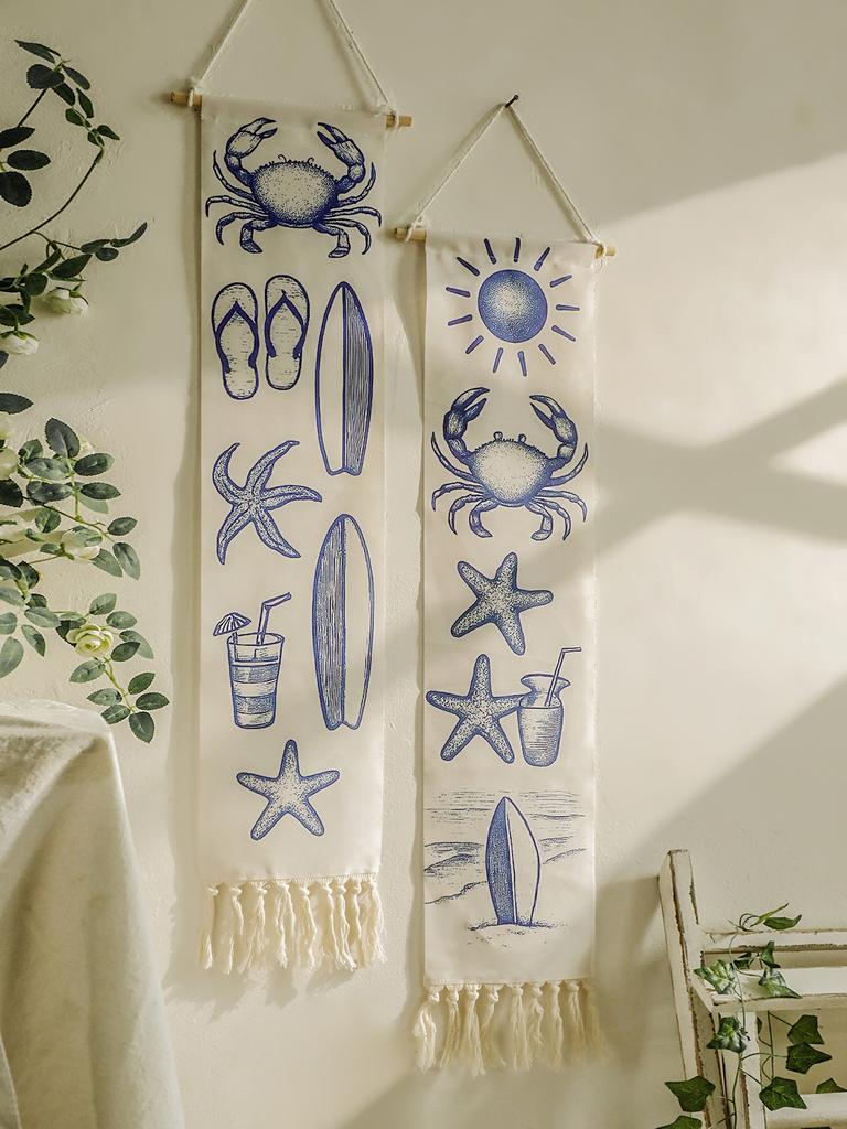 Coastal Tapestry, Beach Nautical Style Wall Hanging with Crab, Starfish, Surfboard Prints, Boho Home Decor, Room Aesthetic Gifts