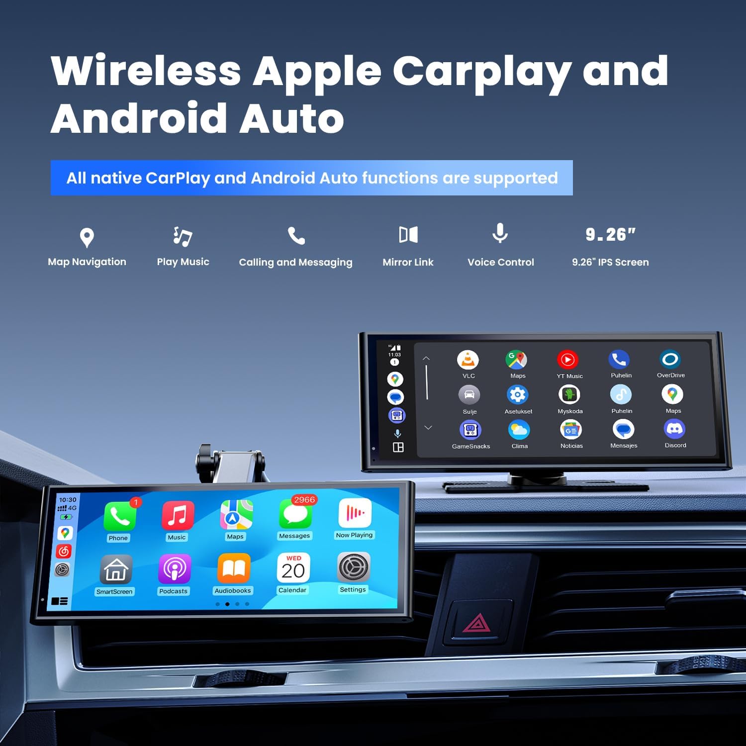 

9,26-дюймовый беспроводной портативный экран Car Play для Apple CarPlay и Android Auto, обновления OTA, камера заднего вида, Mirror Link, Bluetooth 5.0, голосовое управление, GPS