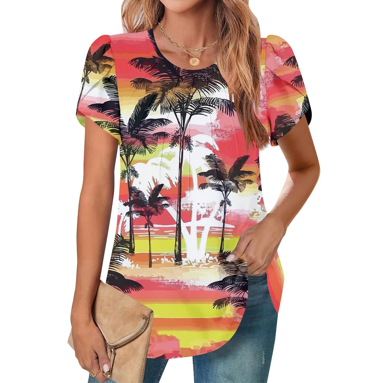 

Женский повседневный топ с круглым вырезом и коротким рукавом, с плиссировкой и расклешенными рукавами, с цветочным принтом M оранжевый