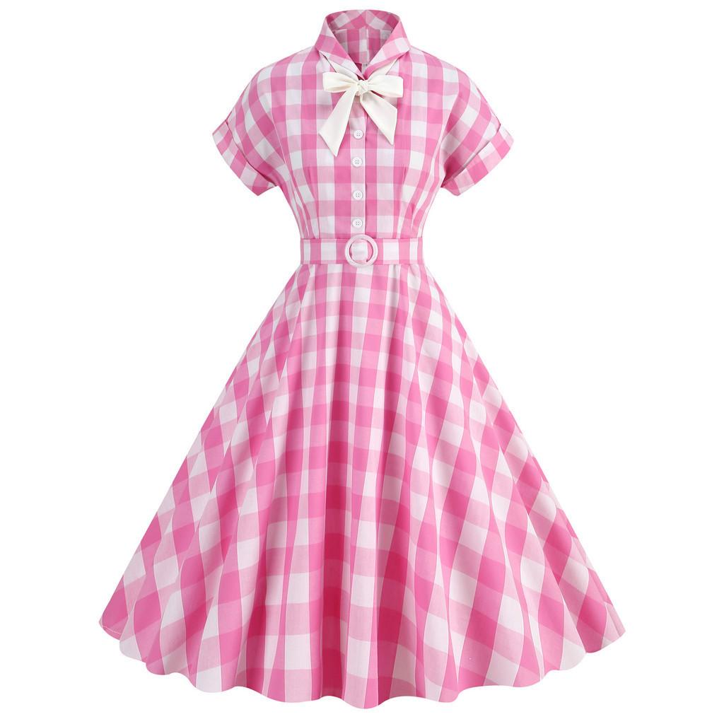 

Vintage Barbie Pink Checkered Dress With Butterfly Bow-tie Collar L рожевий