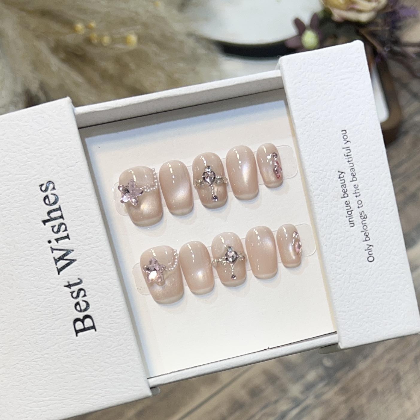 

Короткие накладные ногти ручной работы, нюдовый цвет, кошачий глаз, жемчуг, битый бриллиант, дизайн ногтей с сердечками, милый стиль, носимые ногти, можно снять Large L