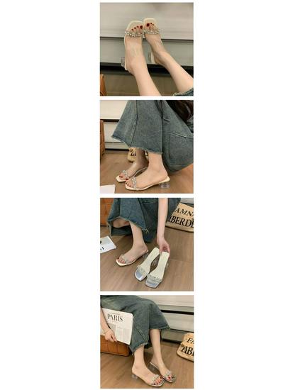 2025 Summer Crystal Rhinestone Dress Slippers - Temperament Fairy Style with Chunky Heels and Transparent Outer