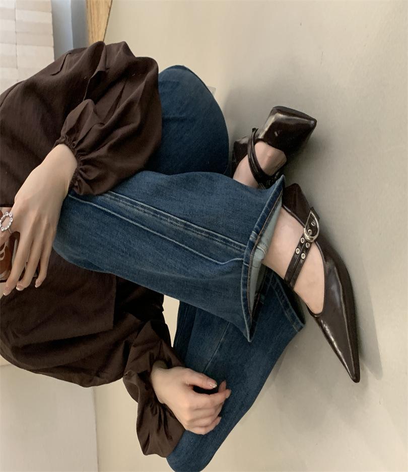 

Остроносые одинарные туфли женские осенне-зимние на плоской подошве из мягкой кожи с двойным ремешком Мэри Джейн весна-лето 2025 новая модная универсальная модель 39 темно-коричневого