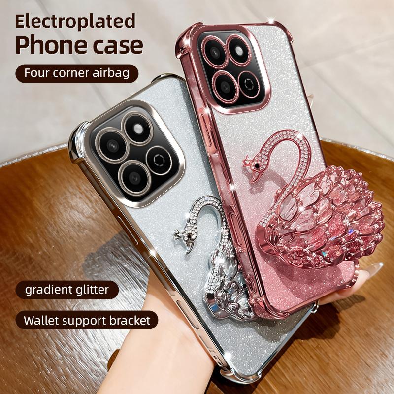 KEYSION Shockproof Plating TPU Phone Case for HONOR X7c Glitter Jewelled Swan kickstand Back Cover for Honor 200 Smart 5G
