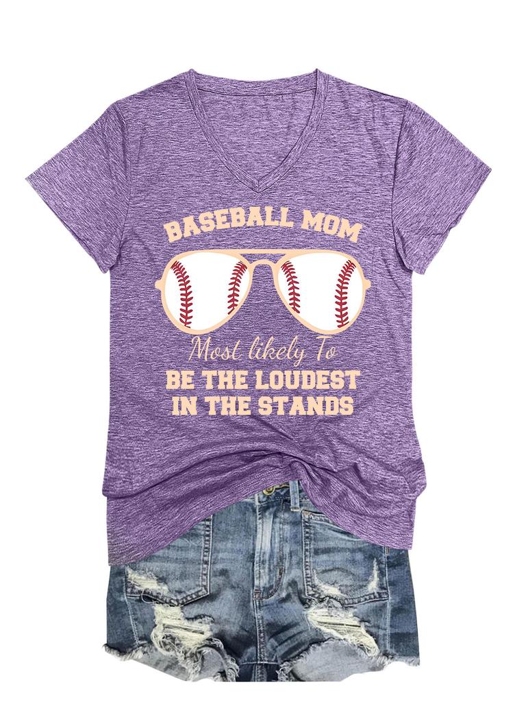 Summer New Short Sleeve Tshirt Baseball Mom Print Loose Vneck Casual Fashion Top