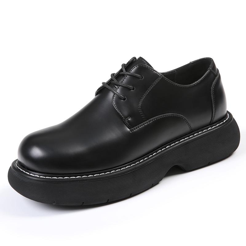 Derby shoes men's leather platform heightening autumn breathable casual leather shoes men's ins trendy black British big head shoes