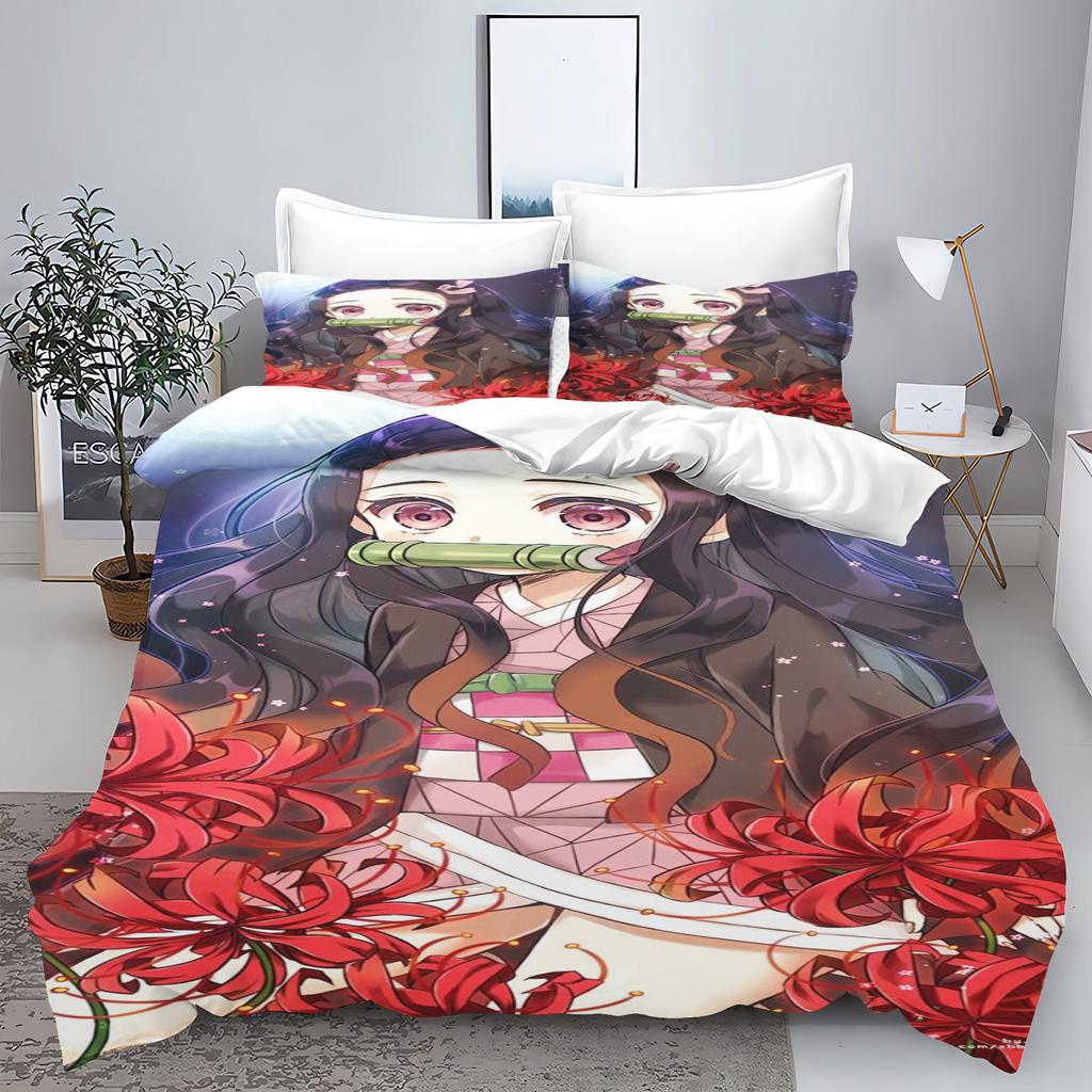 Demon slakter: Kimetsu no Yaiba kamado Nezuko Anime 100% Polyester Sengetøy Sett Dynetrekk Sett Trykt Tegneserie Hjemmeinnredning