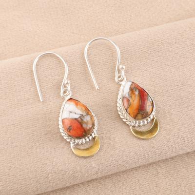 Gioielli in Argento Sterling 925 con Pietra Preziosa Turchese Rame Arancio Orecchini Pendenti EE-162-43