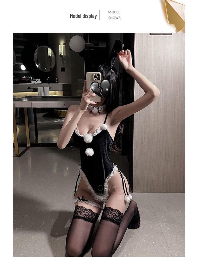 Velvet Bunny Girl Open-Crotch Bodysuit - Sexy Christmas Lingerie Set