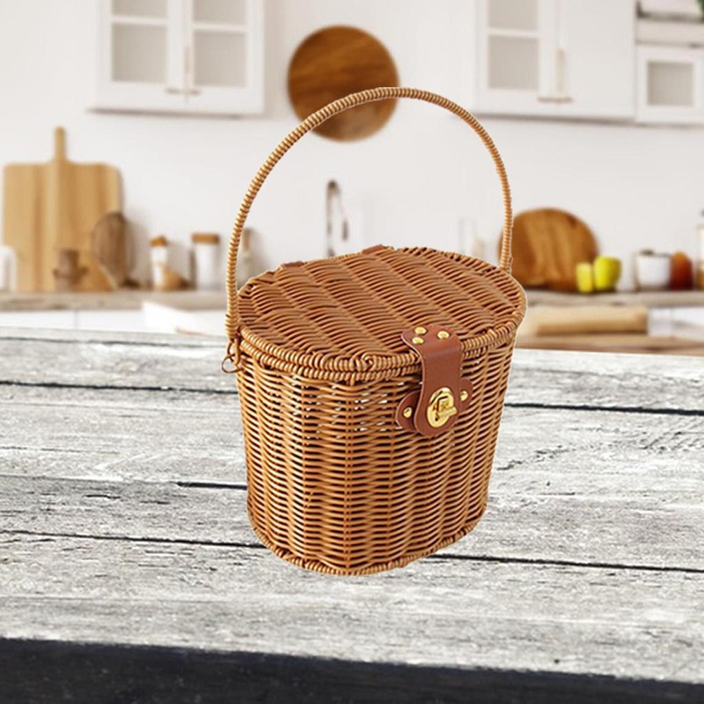 Panier de rangement tissé à la main avec poignée et couvercle Imitation rotin rustique Décor de ferme Organisateur portable pour œufs serviettes en-cas