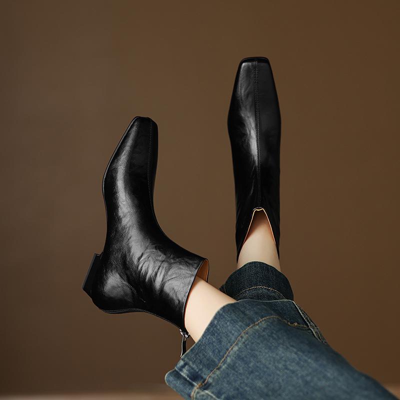 Mote 2025 Nye Høst Dame Støvletter Firkantet Tå Lav Hæl Støvletter for Damer Delt Skinn Dame Sko Retro Vinter Ankelstøvletter Damesko
