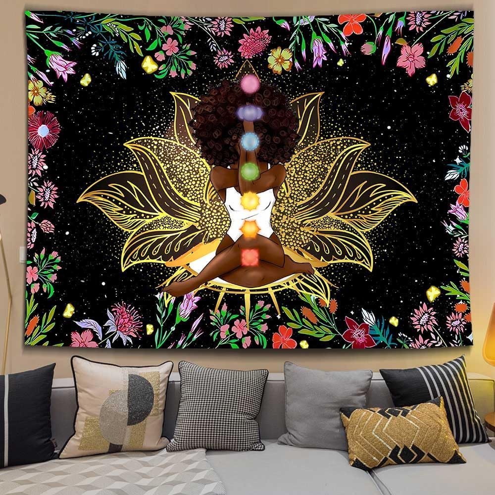Ine Ive African Chakra Tapestry African American Woman Zen Meditation Tapestries 80x60 Inch Starry Sky Flower Garden Inspirational Afro Yoga Wall Art