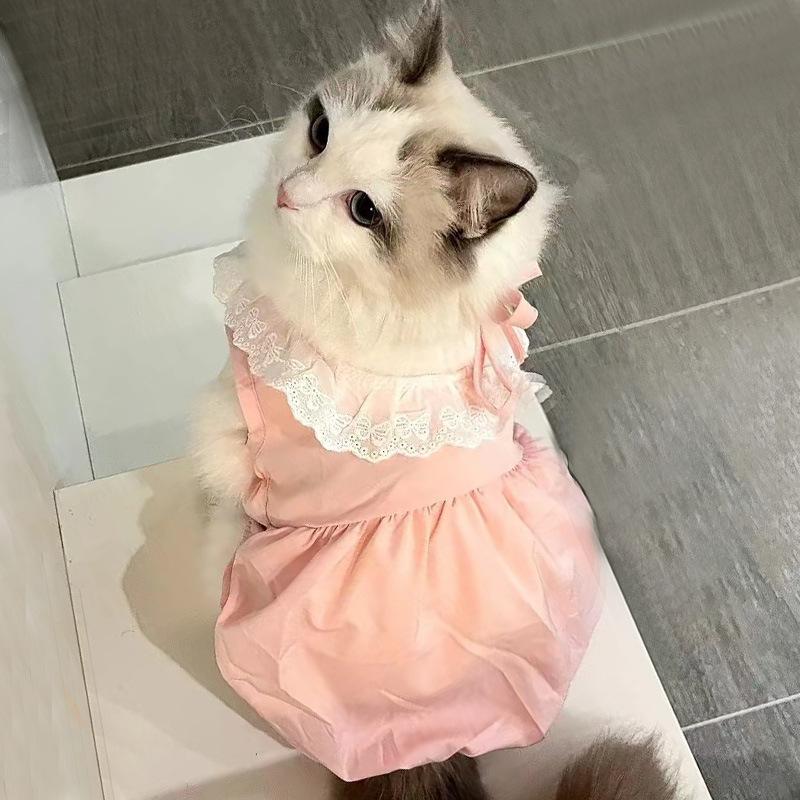 Summer Solid Color Cat Princess Dress Breathable Soft Cat Lace Skirt Elastic Thin Cat Dog Costume