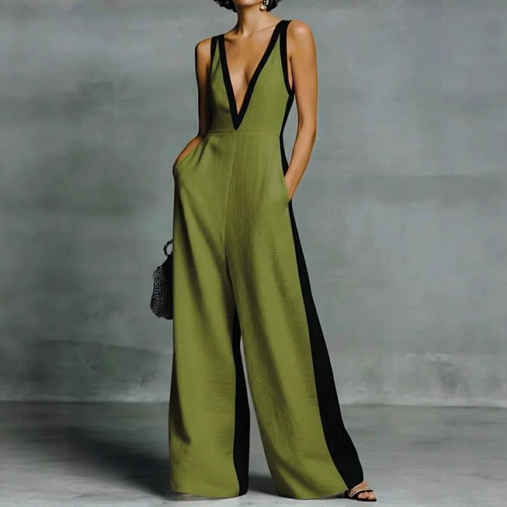 Europese en Amerikaanse zomer nieuwe mode dameskleding V-hals mouwloos contrasterende kleur bretel wijde pijpen jumpsuit