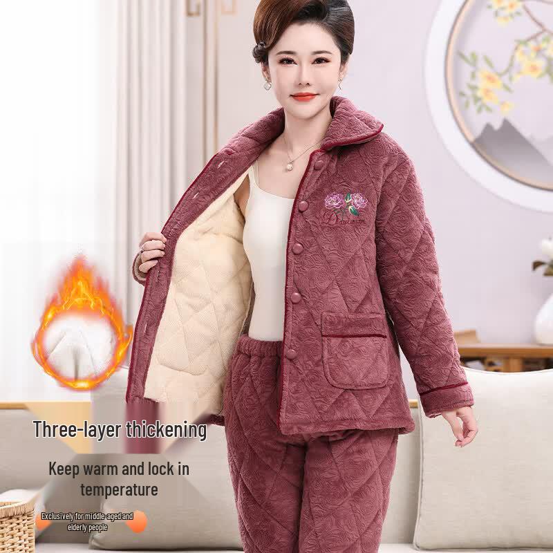 Langsang Women's Elderly Winter Quilted Thermal Pajama Set