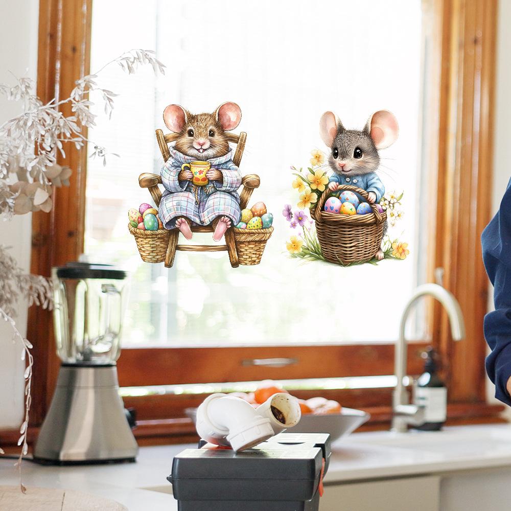 Hand Painted Mouse with Easter Eggs Wall Sticker Self-Adhesive Removable for Bedroom Living Room Background Home Decor