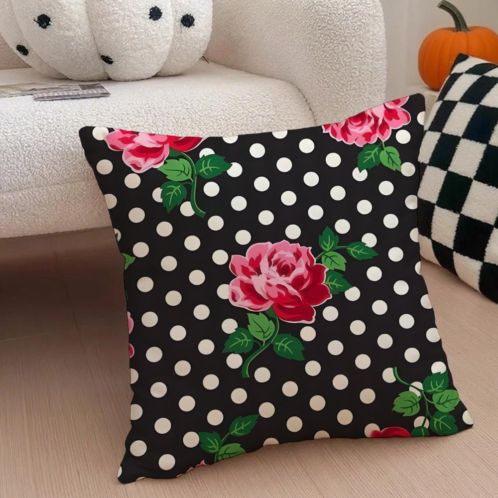 Retro Polka Dot Floral Pillow Retro Style Cushion Cover Throw Pillow Cover Hidden Button Durable Polyester Chair Cushion