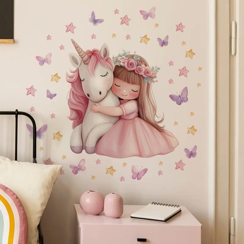 Adesivos de Parede de Vinil Infantil Menina Unicórnio Desenho Animado Para Decoração de Quarto de Bebê Acessórios de Quarto Decalques de Móveis Arte de Parede Decoração de Quarto