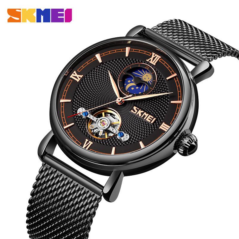 

Moment beauty skmei модные водонепроницаемые мужские часы со стальным ремешком, турбийон, полые автоматические мужские механические часы