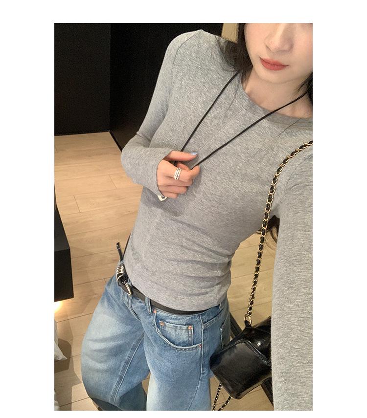 European Grey Slim Fit Round Neck Long Sleeve Women's T-shirt for Autumn/Winter 2025