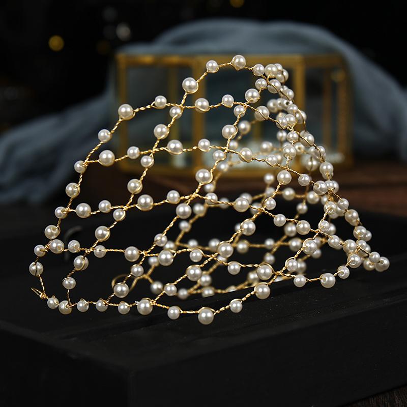 New Vintage Bride Handmade Gold Pearl Headband Flower Headpiece Bridal Girls Tiara Wedding Hair Accessories Women Hair Jewelry