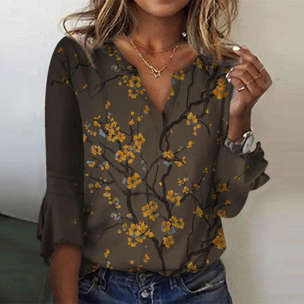Women's Loose Casual Three-quarter Sleeves V-neck Lace Floral Print T-shirt Top