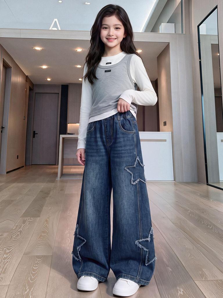 Girls' Star Appliqué Wide-Leg Denim Pants - Autumn 2026 Collection, Versatile Straight-Leg for Medium and Large Children