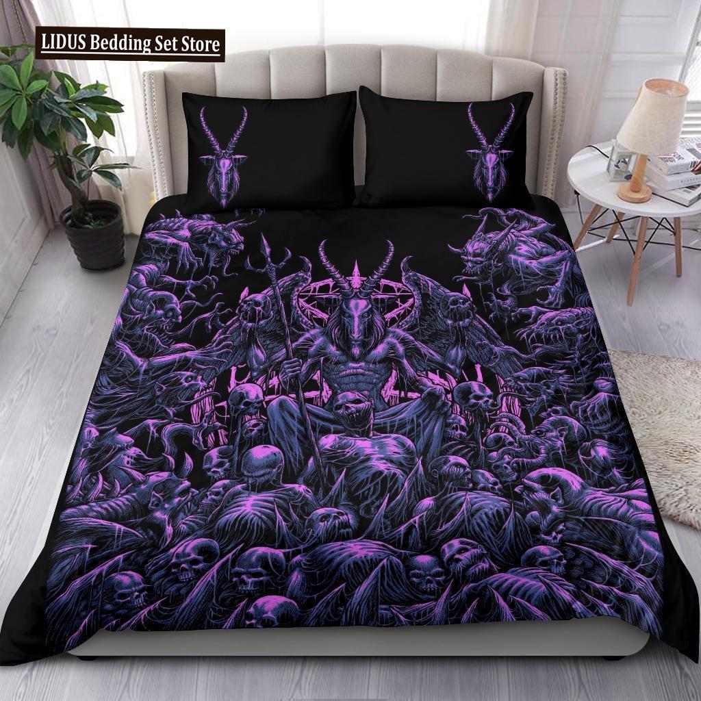 Skull Skeleton Satanic Goat Skull Duvet Cover Set Trophy Demon Breed Bedding Sets Night Blue Pink Satanic Baphomet Quilt Cover