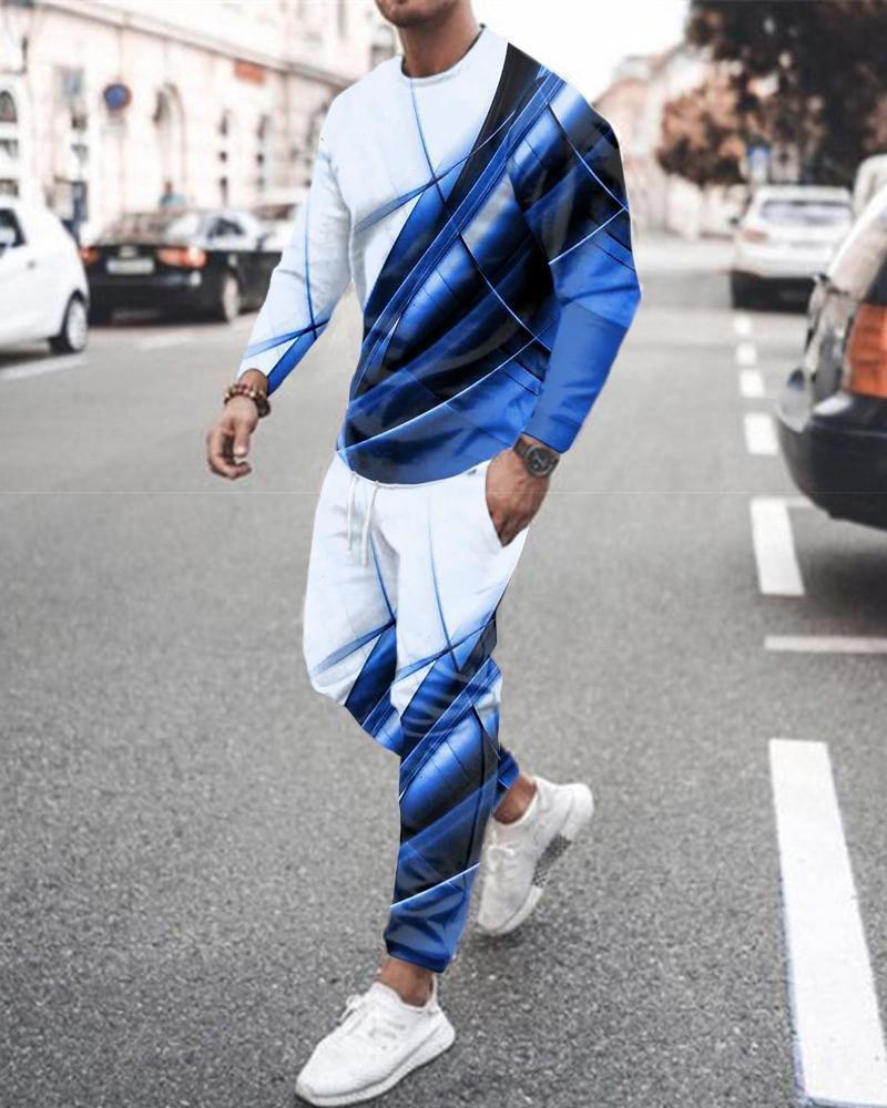 Men's Long Sleeve T-Shirts Sets Abstract Pattern 3D Print Sports T-Shirt Pants Suit Fashion Tracksuit 2-Piece Jogger Outfits