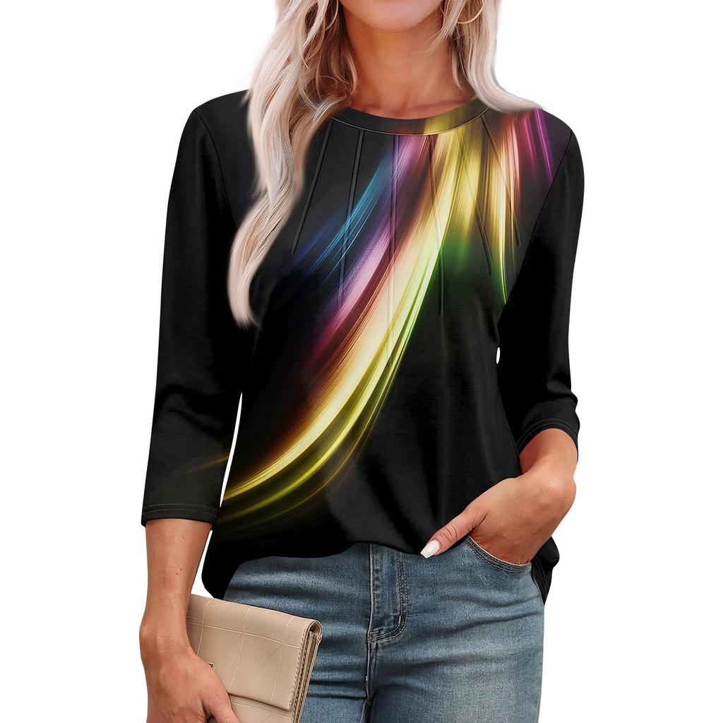 Omen's Fashionable Round Neck 3/4 Sleeve Printed Casual Basic Pleated Pullover T-shirt Top