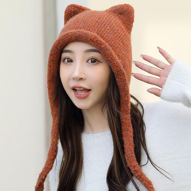 Fashion Ear Ear Protector Knitted Hat Women's Autumn and Winter Mohair Warm Ski Hat Student Hat