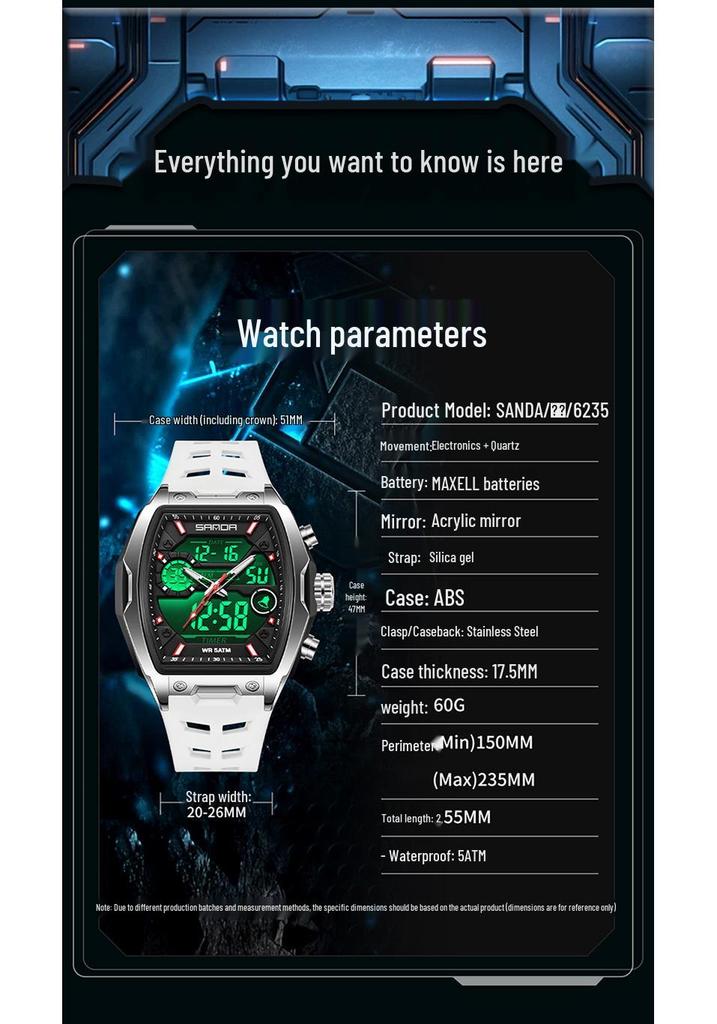 Sanda Dual-Movement Barrel Watch: Luminous Alarm, Large Dial, Multifunctional Student Watch.